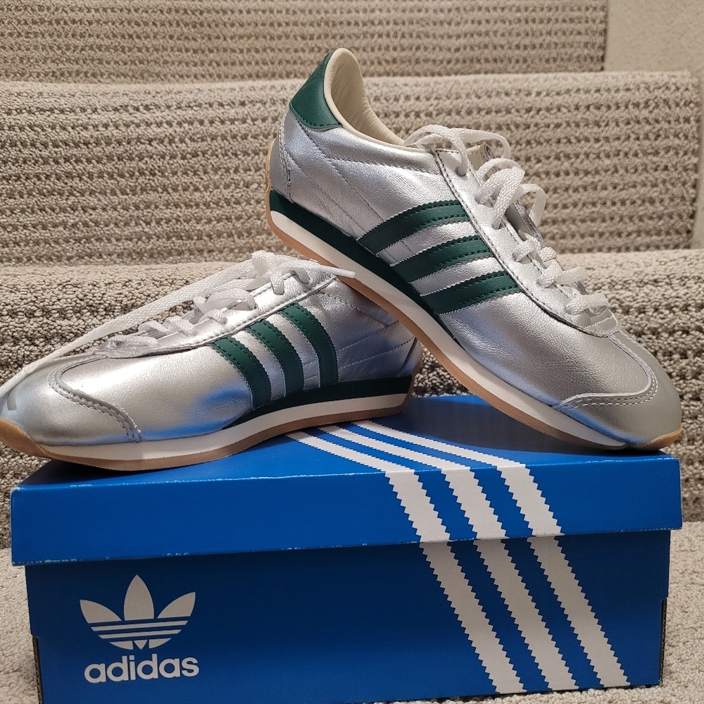Adidas Women's Metallic Silver and Forest Green Sneakers